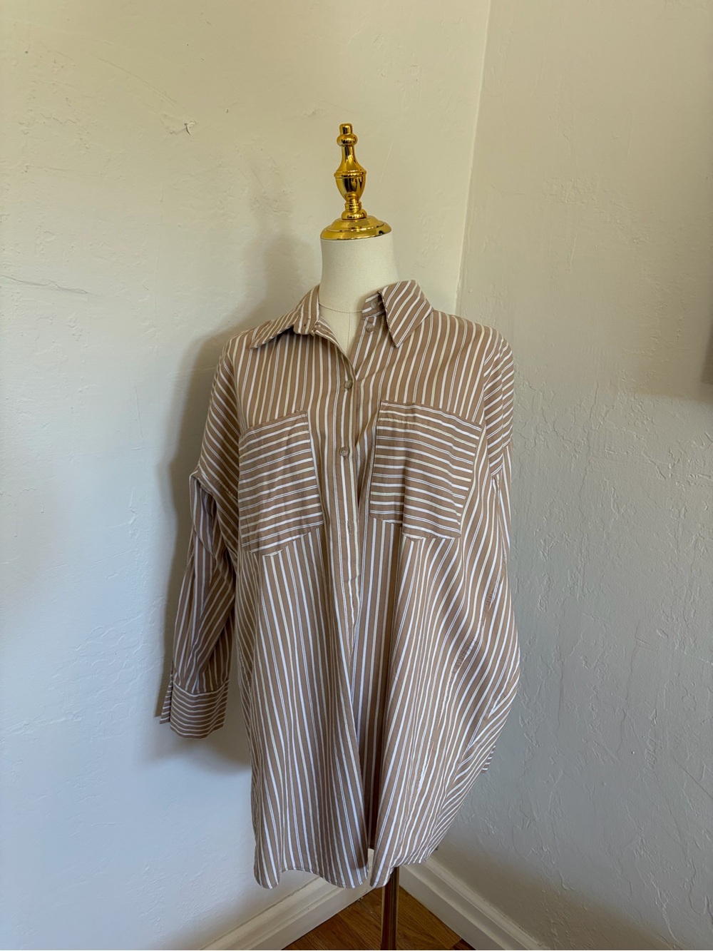 Topshop Beige and White Striped Button-Down Shirt